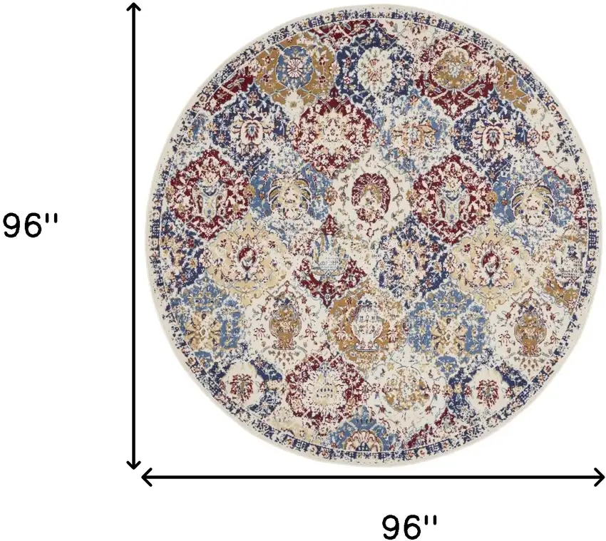 8' Navy Blue Round Damask Power Loom Distressed Area Rug Photo 8