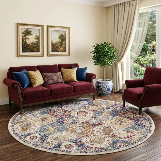 8' Navy Blue Round Damask Power Loom Distressed Area Rug Photo 1