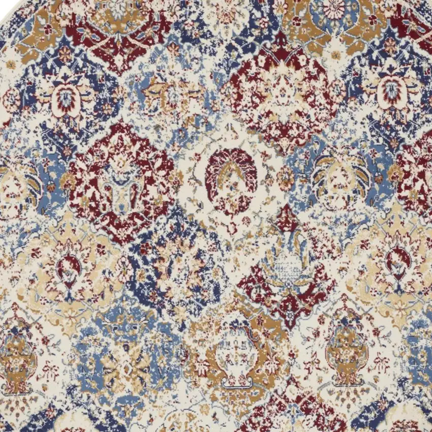 8' Navy Blue Round Damask Power Loom Distressed Area Rug Photo 3