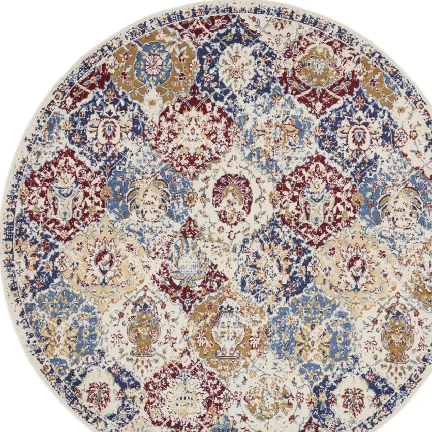 8' Navy Blue Round Damask Power Loom Distressed Area Rug Photo 4