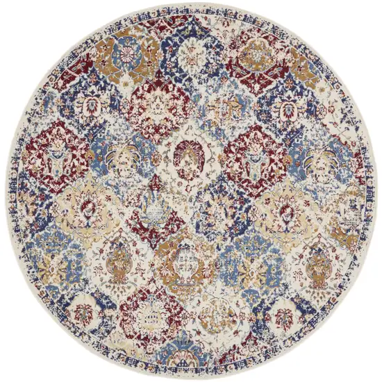 8' Navy Blue Round Damask Power Loom Distressed Area Rug Photo 4