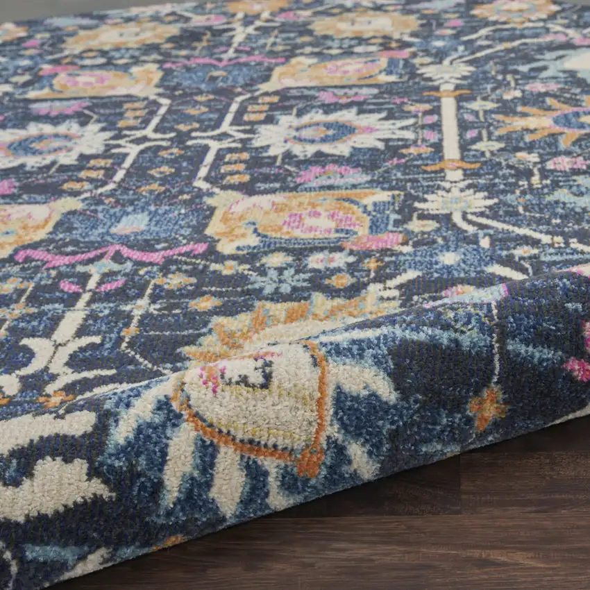 8' Navy Blue Round Floral Power Loom Area Rug Photo 9