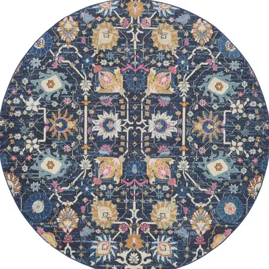 8' Navy Blue Round Floral Power Loom Area Rug Photo 3