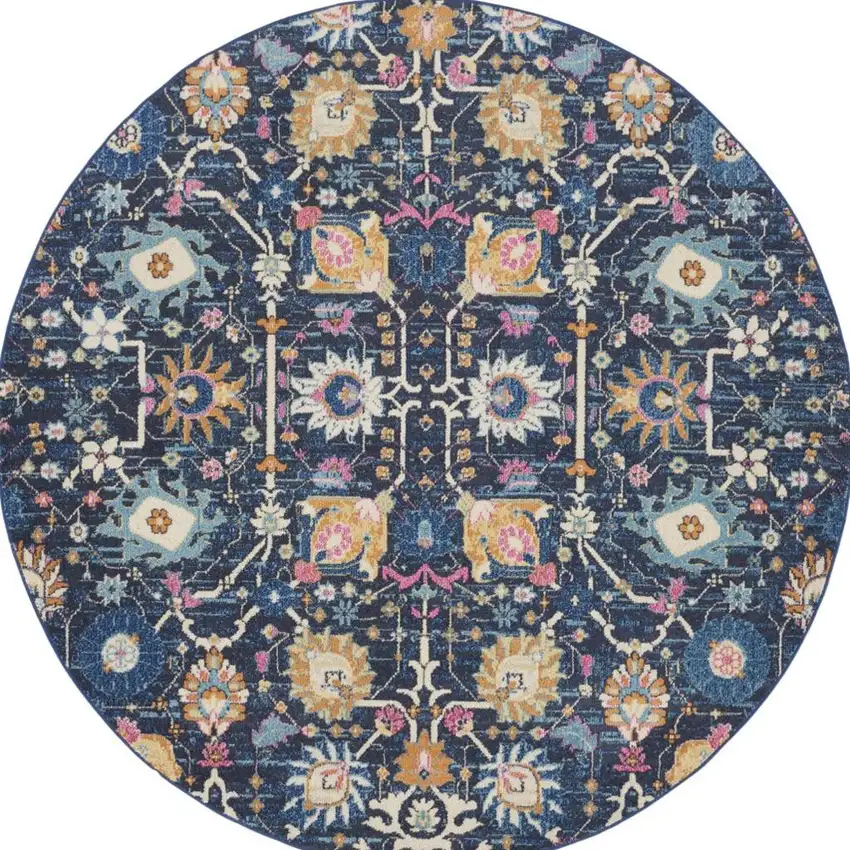 8' Navy Blue Round Floral Power Loom Area Rug Photo 3
