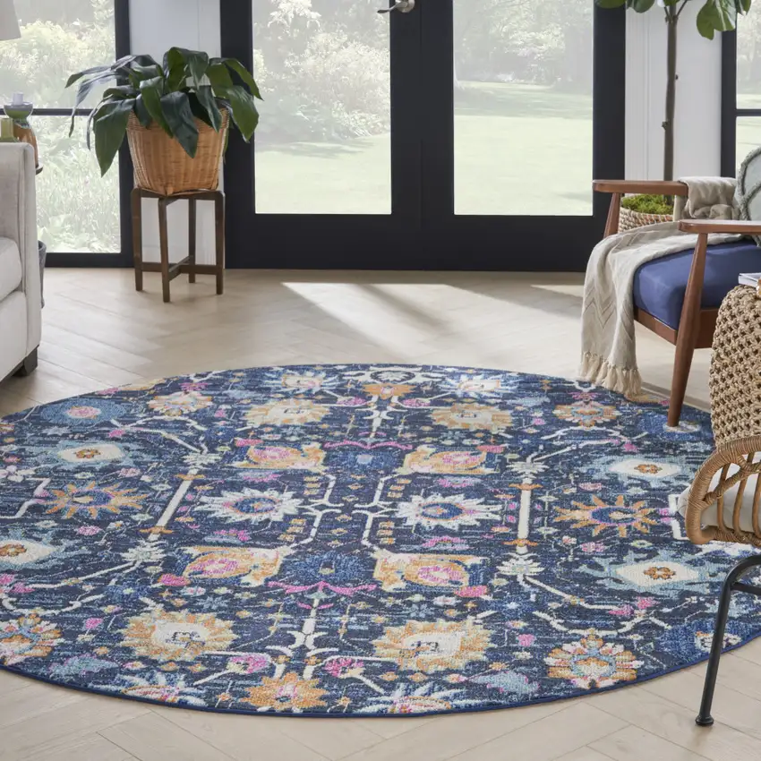8' Navy Blue Round Floral Power Loom Area Rug Photo 5