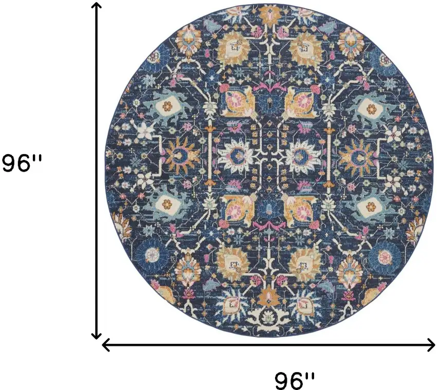 8' Navy Blue Round Floral Power Loom Area Rug Photo 9