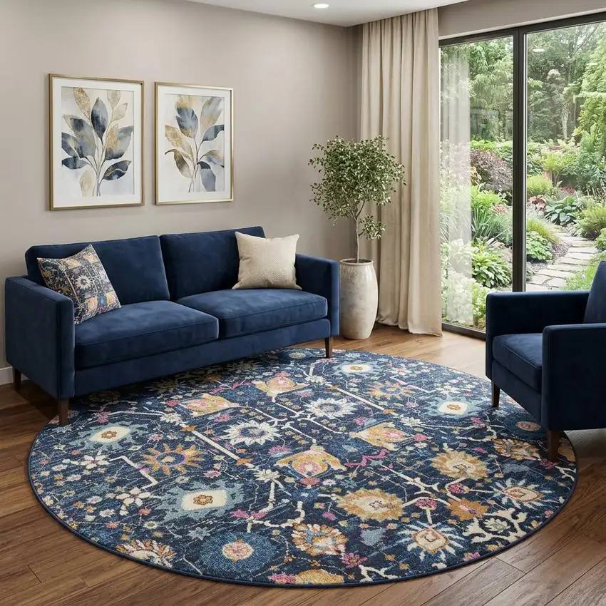 8' Navy Blue Round Floral Power Loom Area Rug Photo 1