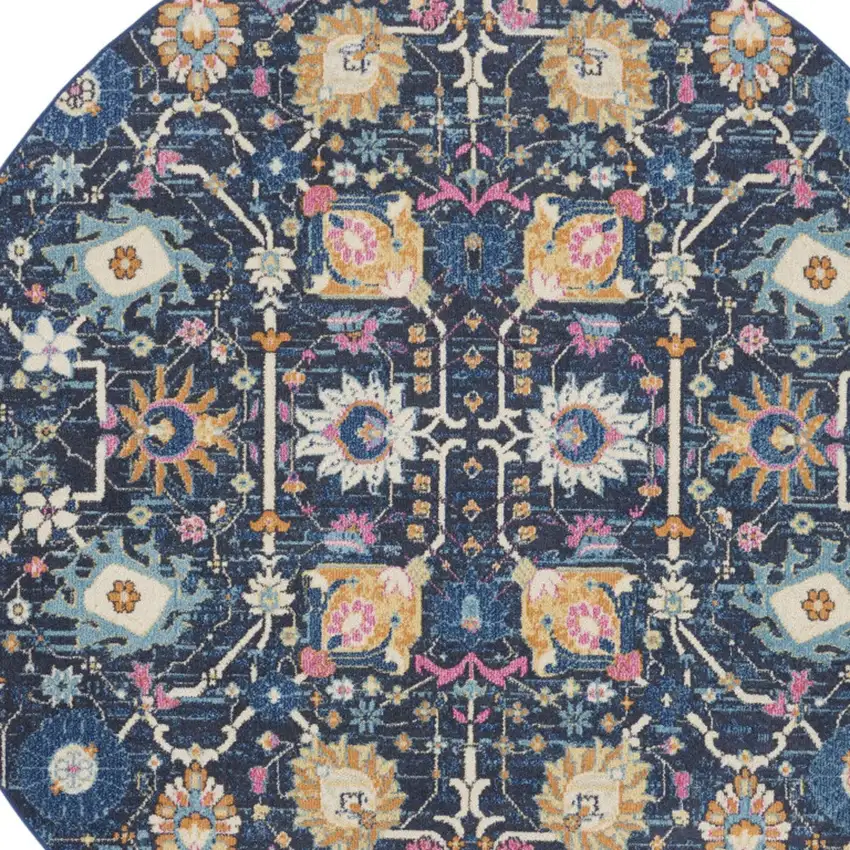 8' Navy Blue Round Floral Power Loom Area Rug Photo 7