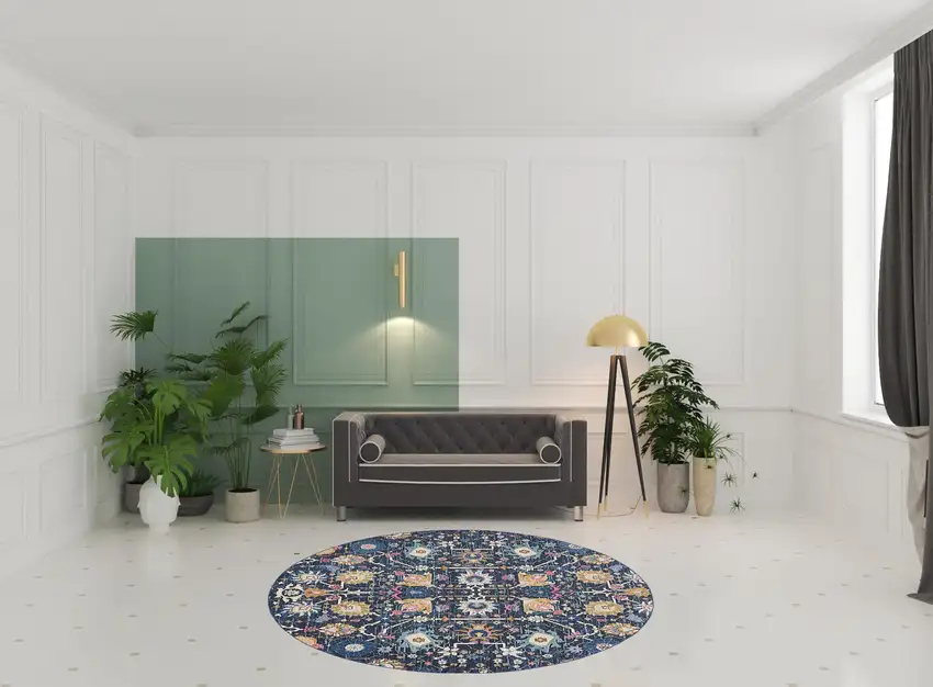 8' Navy Blue Round Floral Power Loom Area Rug Photo 2