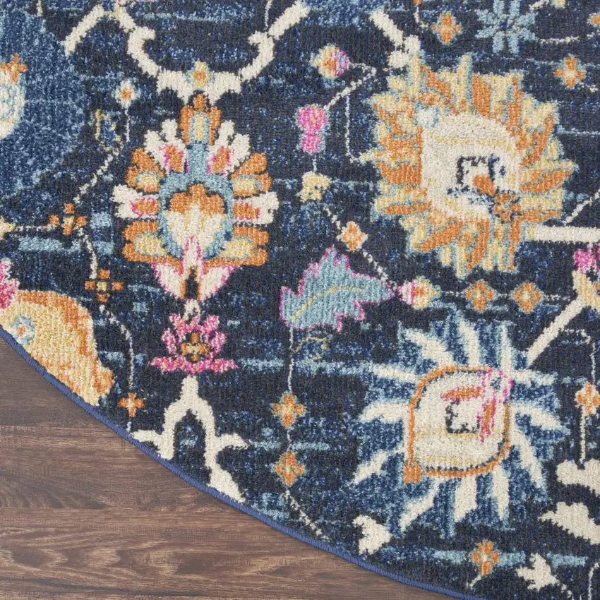 8' Navy Blue Round Floral Power Loom Area Rug Photo 3
