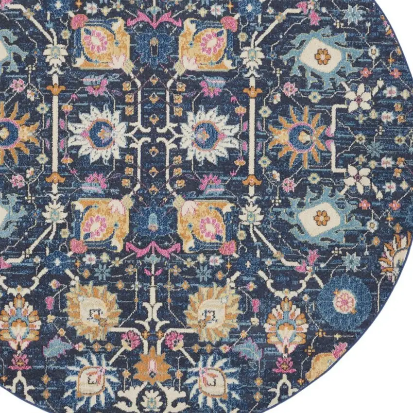 8' Navy Blue Round Floral Power Loom Area Rug Photo 1