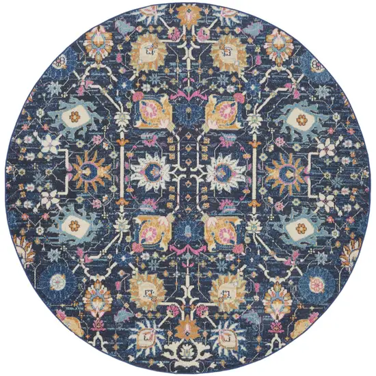 8' Navy Blue Round Floral Power Loom Area Rug Photo 4