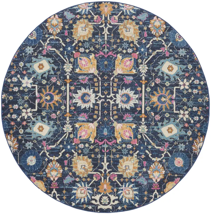 8' Navy Blue Round Floral Power Loom Area Rug Photo 4