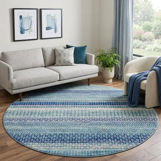 8' Navy Blue Round Floral Power Loom Area Rug Photo 1