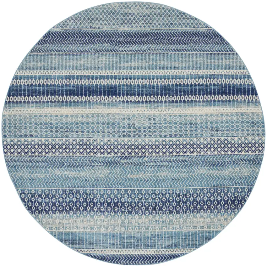 8' Navy Blue Round Floral Power Loom Area Rug Photo 1
