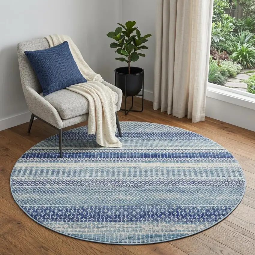 4' Navy Blue Round Floral Power Loom Area Rug Photo 1