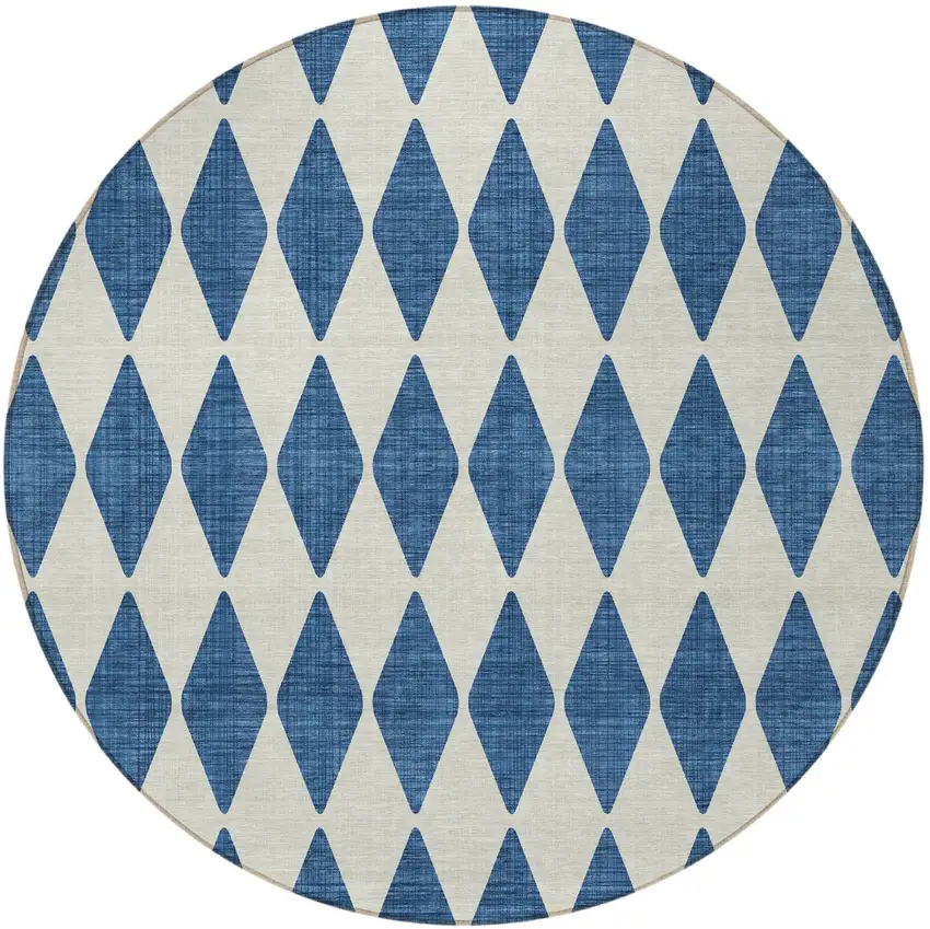 8' Navy Blue Round Geometric Washable Indoor Outdoor Area Rug Photo 5