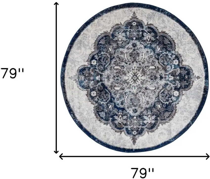 6' Navy Blue Round Medallion Power Loom Area Rug Photo 5