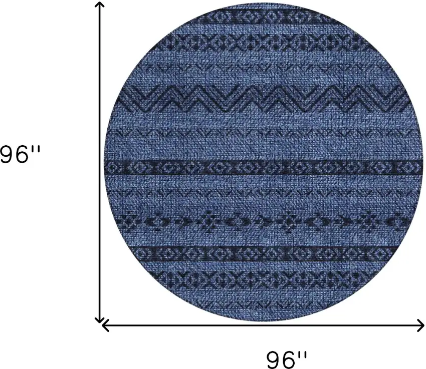 8' Navy Blue Round Southwestern Washable Indoor Outdoor Area Rug Photo 3