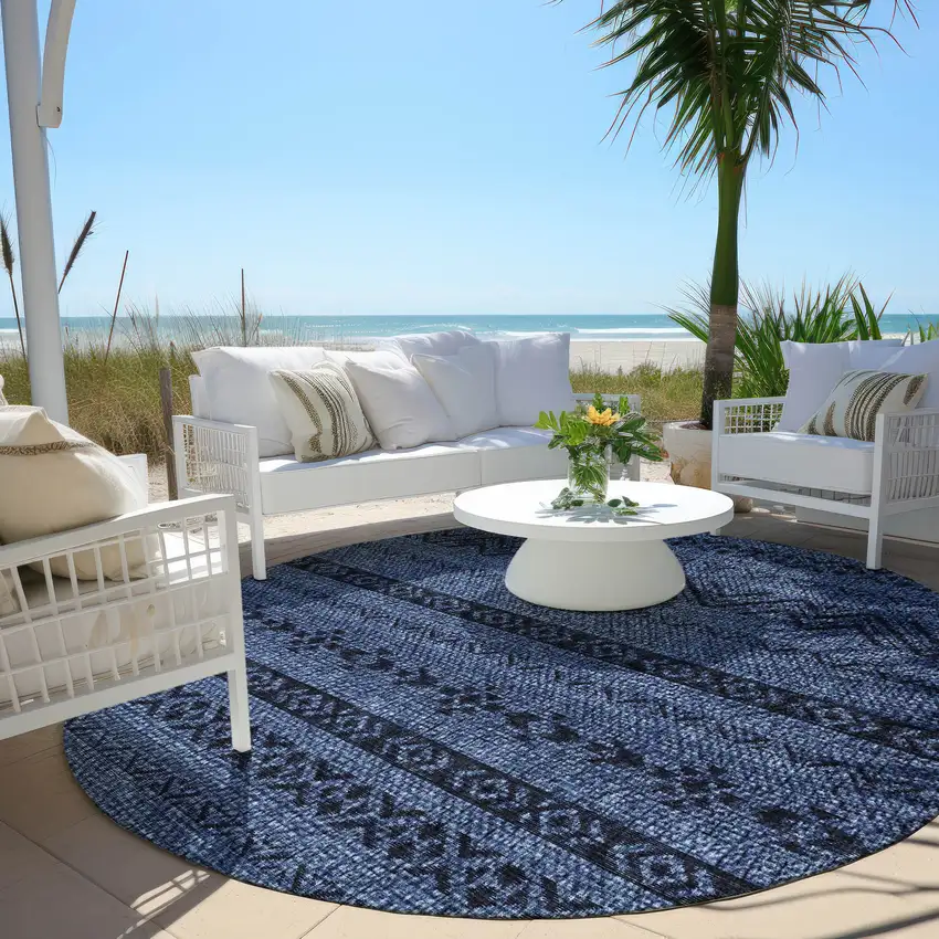 8' Navy Blue Round Southwestern Washable Indoor Outdoor Area Rug Photo 6