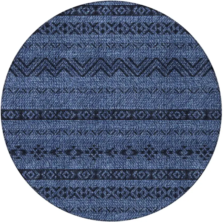 8' Navy Blue Round Southwestern Washable Indoor Outdoor Area Rug Photo 5