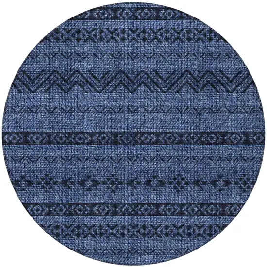 8' Navy Blue Round Southwestern Washable Indoor Outdoor Area Rug Photo 5