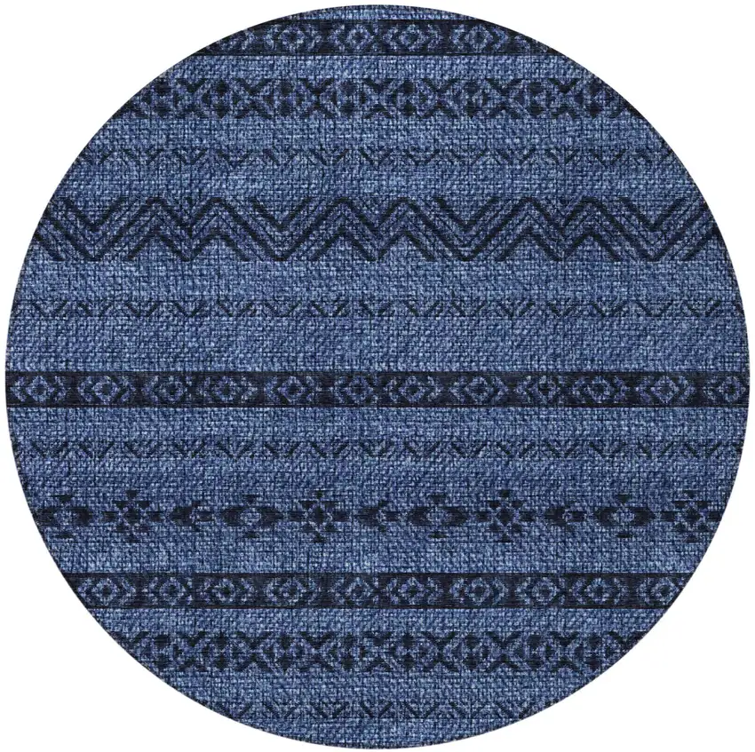 8' Navy Blue Round Southwestern Washable Indoor Outdoor Area Rug Photo 5