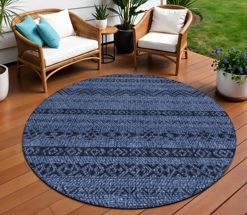 8' Navy Blue Round Southwestern Washable Indoor Outdoor Area Rug Photo 1