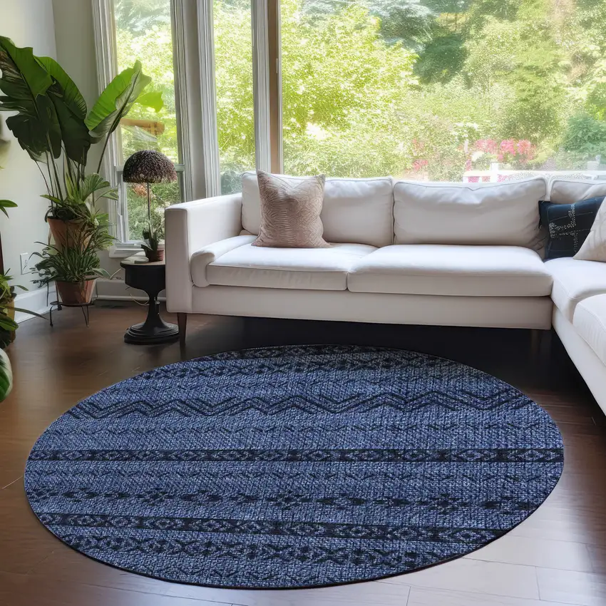8' Navy Blue Round Southwestern Washable Indoor Outdoor Area Rug Photo 7
