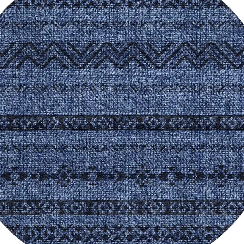 8' Navy Blue Round Southwestern Washable Indoor Outdoor Area Rug Photo 4