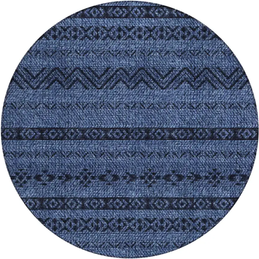 8' Navy Blue Round Southwestern Washable Indoor Outdoor Area Rug Photo 2