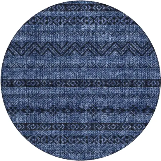 8' Navy Blue Round Southwestern Washable Indoor Outdoor Area Rug Photo 2