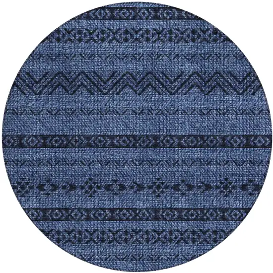 8' Navy Blue Round Southwestern Washable Indoor Outdoor Area Rug Photo 2