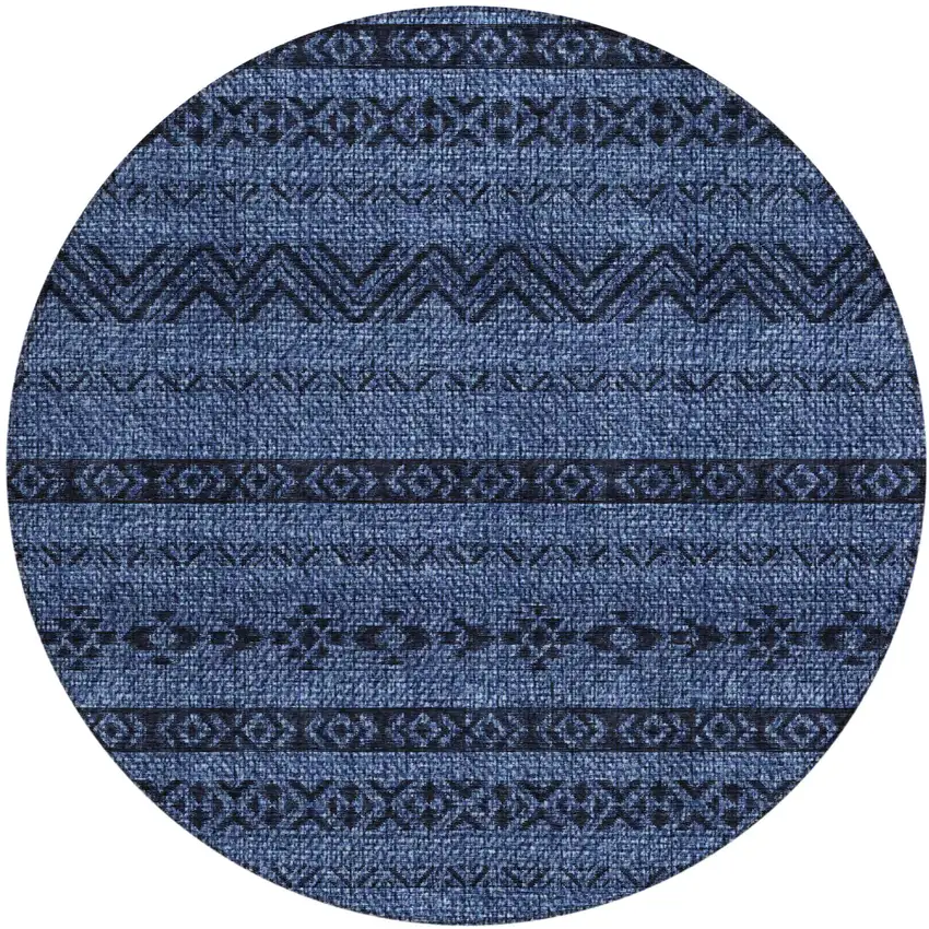 8' Navy Blue Round Southwestern Washable Indoor Outdoor Area Rug Photo 2