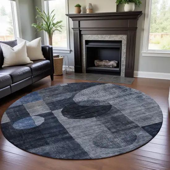 8' Navy Blue Silver And Charcoal Geometric Washable Round Rug With UV Protection Photo 4
