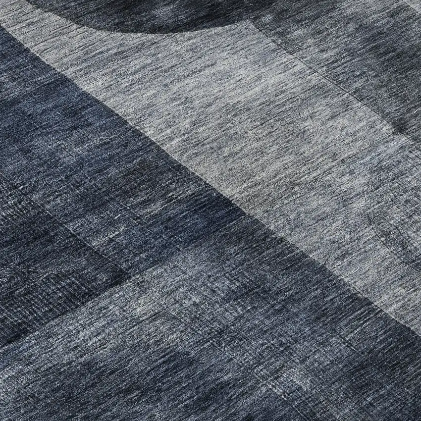 8' Navy Blue Silver And Charcoal Geometric Washable Round Rug With UV Protection Photo 8