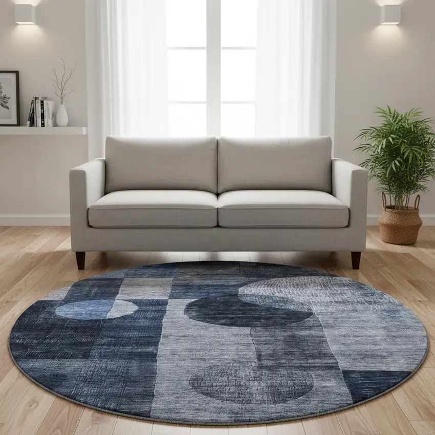 8' Navy Blue Silver And Charcoal Geometric Washable Round Rug With UV Protection Photo 2