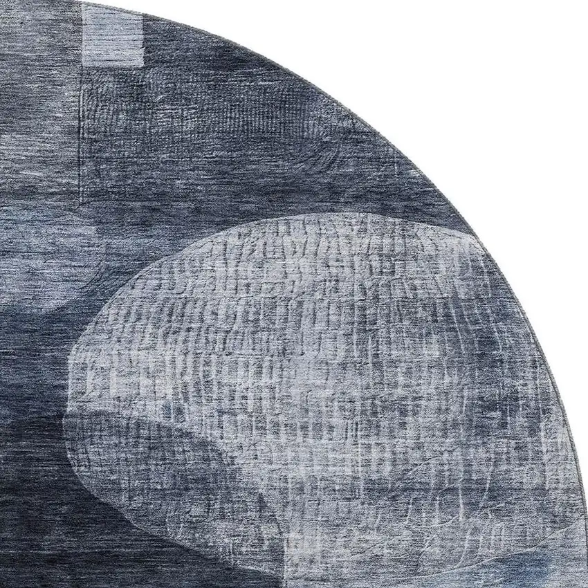 8' Navy Blue Silver And Charcoal Geometric Washable Round Rug With UV Protection Photo 3