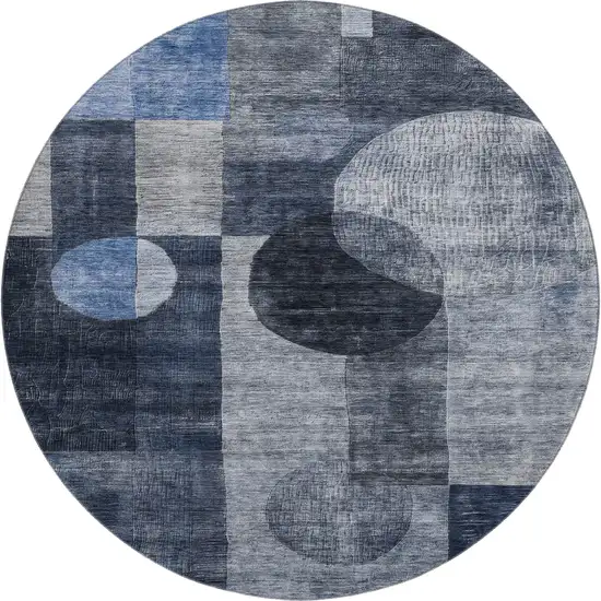 8' Navy Blue Silver And Charcoal Geometric Washable Round Rug With UV Protection Photo 1