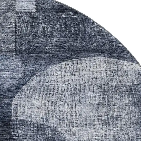 8' Navy Blue Silver And Charcoal Geometric Washable Round Rug With UV Protection Photo 2