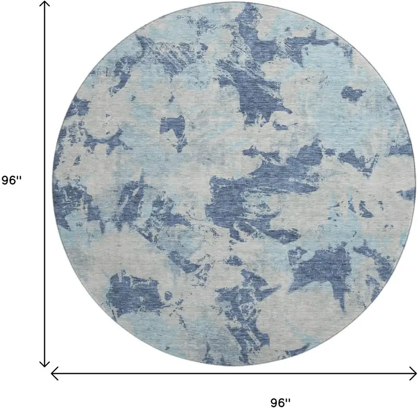 8' Navy Blue Silver And Sky Blue Floral Washable Round Rug With UV Protection Photo 8