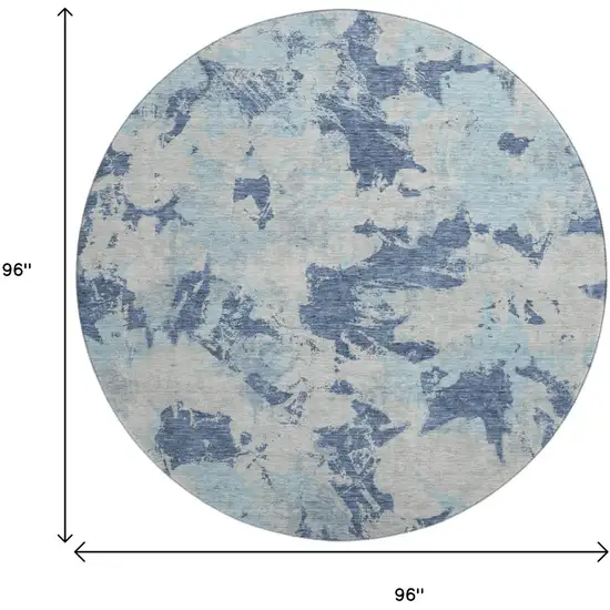 8' Navy Blue Silver And Sky Blue Floral Washable Round Rug With UV Protection Photo 8