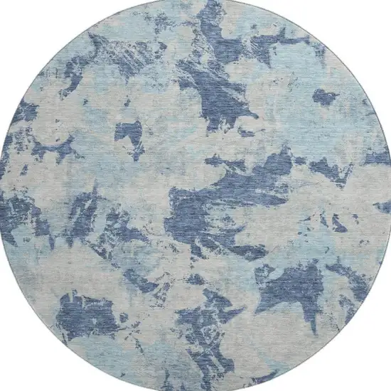 8' Navy Blue Silver And Sky Blue Floral Washable Round Rug With UV Protection Photo 4