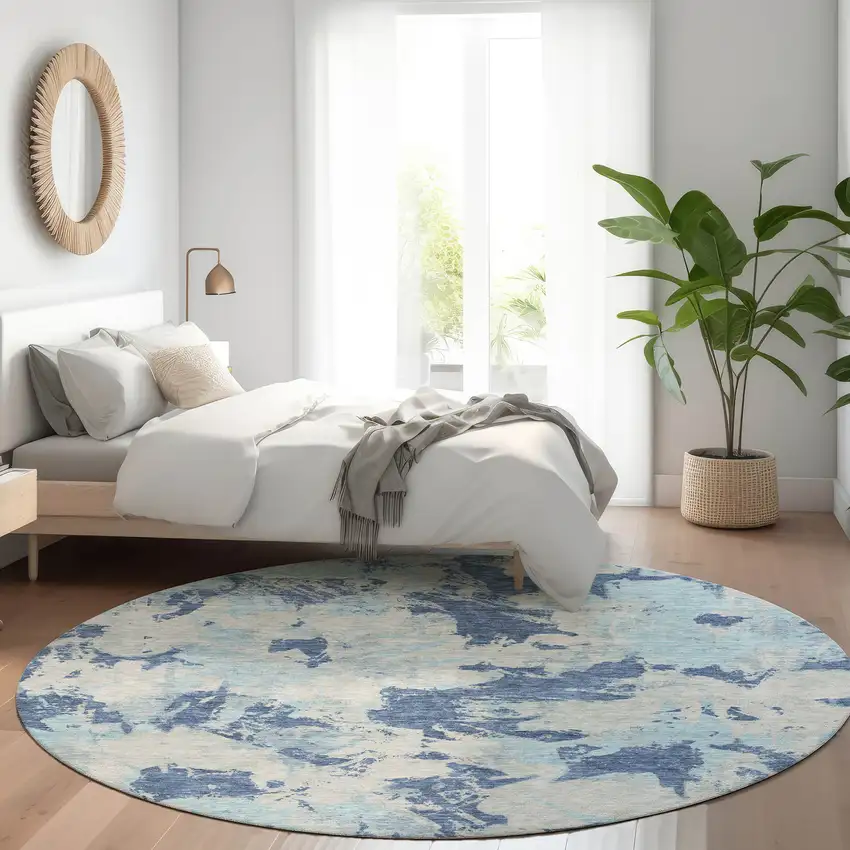 8' Navy Blue Silver And Sky Blue Floral Washable Round Rug With UV Protection Photo 5