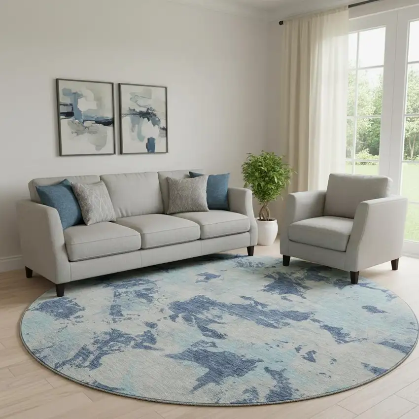 8' Navy Blue Silver And Sky Blue Floral Washable Round Rug With UV Protection Photo 1