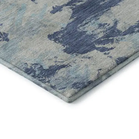 8' Navy Blue Silver And Sky Blue Floral Washable Round Rug With UV Protection Photo 7