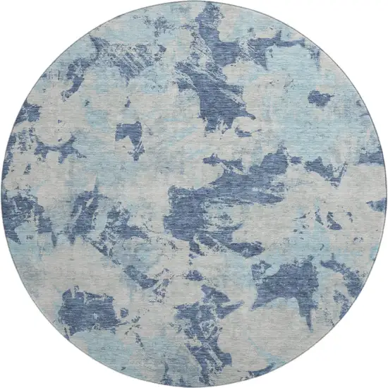 8' Navy Blue Silver And Sky Blue Floral Washable Round Rug With UV Protection Photo 1