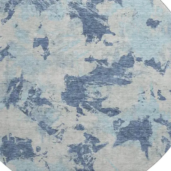 8' Navy Blue Silver And Sky Blue Floral Washable Round Rug With UV Protection Photo 3