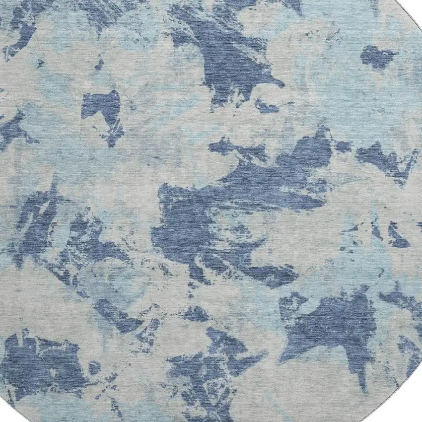 8' Navy Blue Silver And Sky Blue Floral Washable Round Rug With UV Protection Photo 3