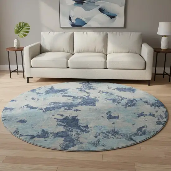 8' Navy Blue Silver And Sky Blue Floral Washable Round Rug With UV Protection Photo 2